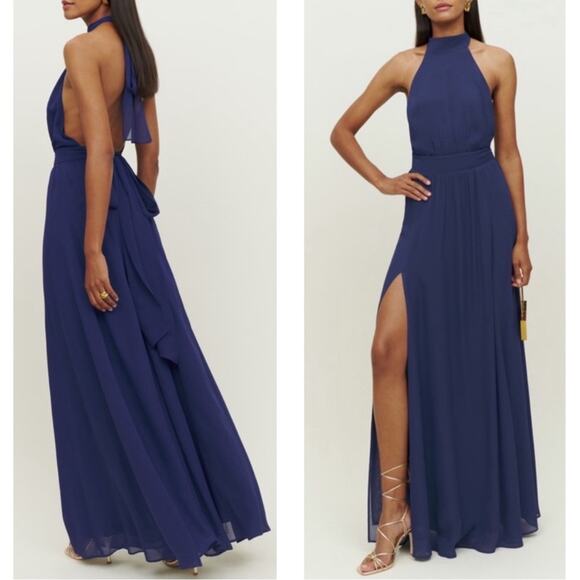 Reformation Andee Halterneck Open Back Navy Blue Maxi Dress Size 10 - Picture 2 of 9